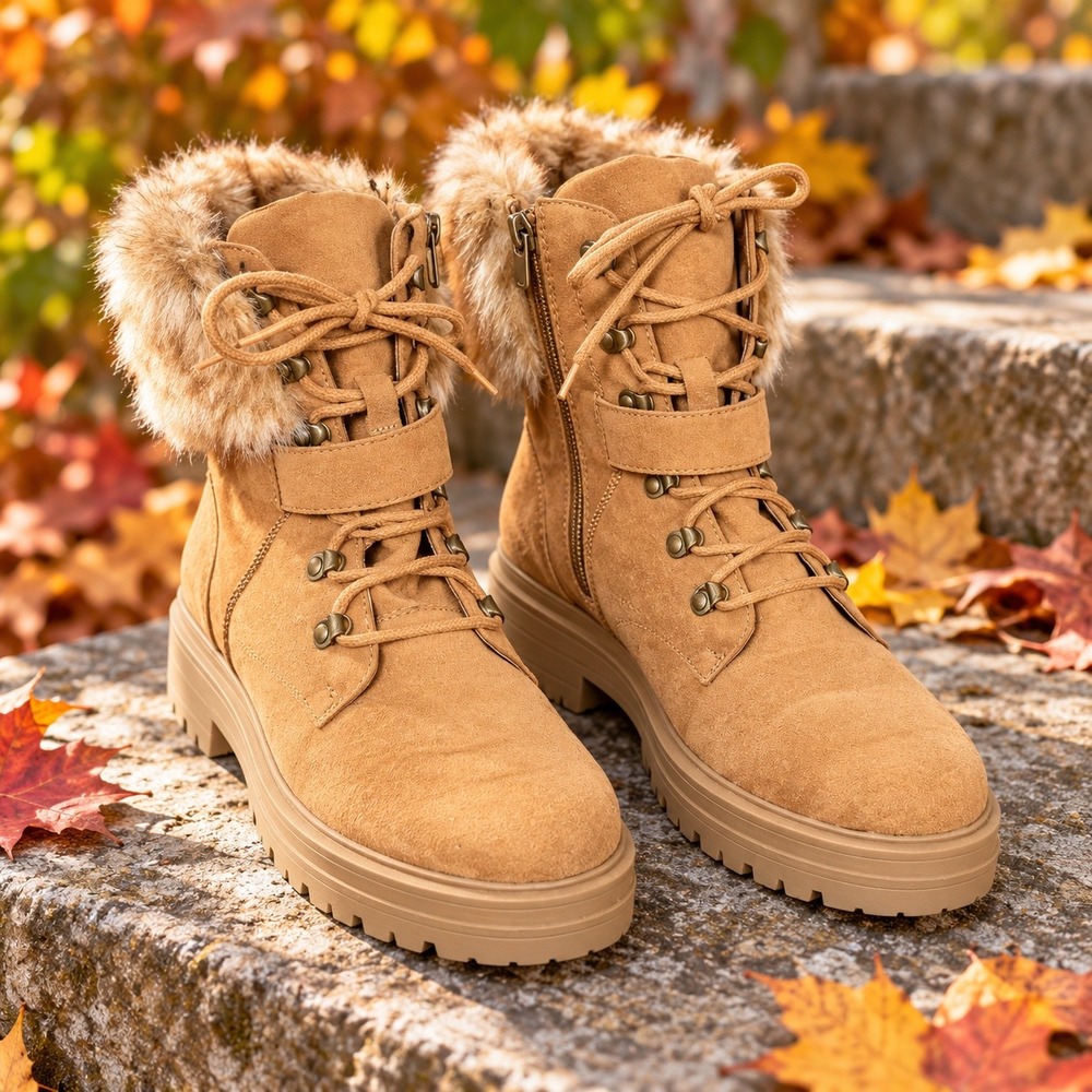 Sun + Stone Orlenaaf Tan Faux Suede Fur Trim Combat Boots 10M SS-ORLENAAF